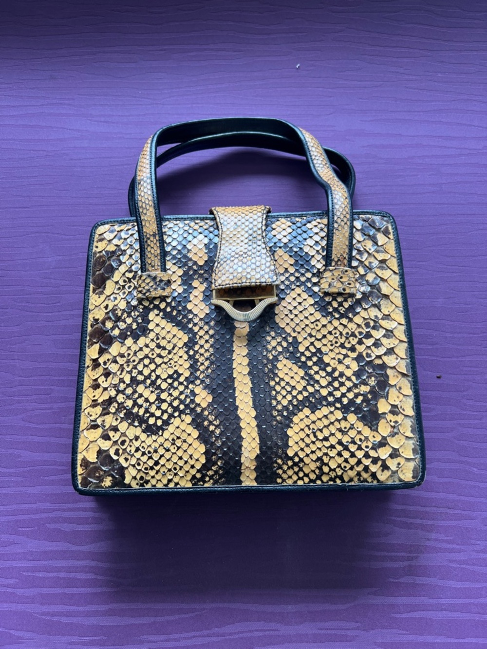 Yellow & Black Snake-Print Top Handle Bag